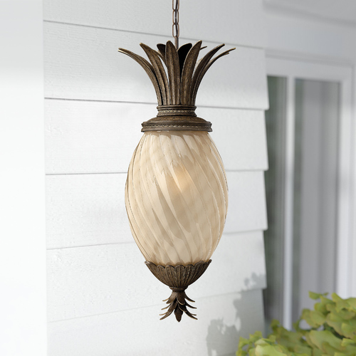 Hinkley Pearl Bronze Pineapple Outdoor Hanging Light with Amber Glass 2122PZ