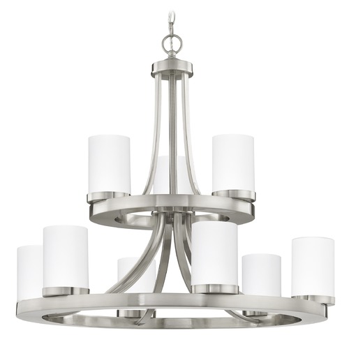 Design Classics Lighting Rio 9-Light Chandelier in Satin Nickel with White Cylinder Glass 163-09 GL1028C