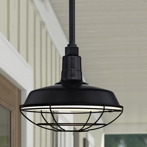 Recesso Lighting by Dolan Designs Black Pendant Barn Light with 12-Inch Caged Shade BL-STM-BLK/BL-SH12-BLK/BL-CG12-BLK