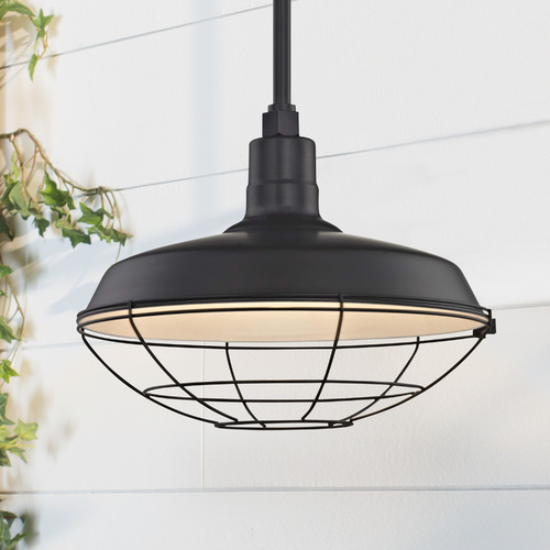 Recesso Lighting by Dolan Designs Black Pendant Barn Light with 16-Inch Caged Shade BL-STM-BLK/BL-SH16-BLK/BL-CG16-BLK