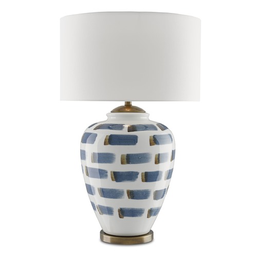 Currey and Company Lighting Currey and Company Brushstroke White/blue/antique Brass Table Lamp with Drum Shade 6000-0019
