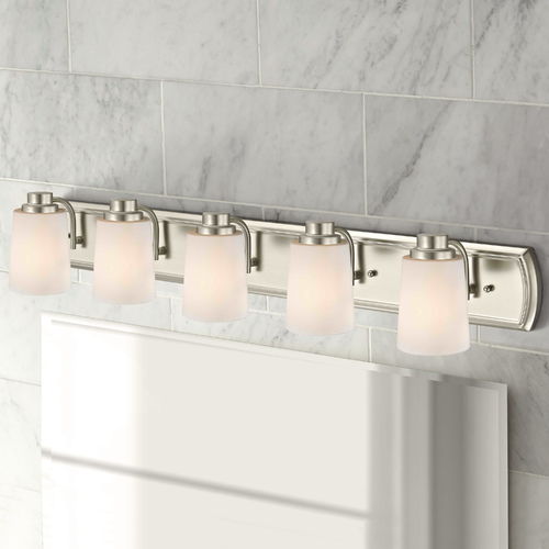 Design Classics Lighting 5-Light Bath Bar in Satin Nickel with White Glass 1205-09 GL1027