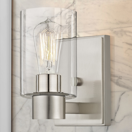 Design Classics Lighting Vashon Wall Sconce in Satin Nickel with Clear Cylinder Glass 2101-09 GL1040C