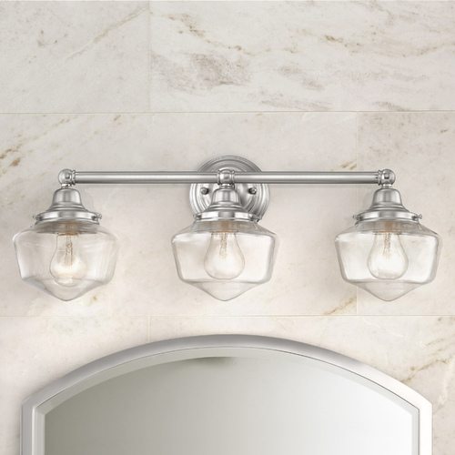 Design Classics Lighting Clear Glass Schoolhouse Bathroom Light Satin Nickel 3 Light 23.125 Inch Length WC3-09 GF6-CL