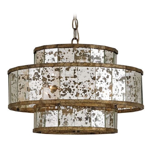 Currey and Company Lighting Currey and Company Lighting Fantine Pyrite Bronze / Raj Mirror Pendant Light with Drum Shade 9759