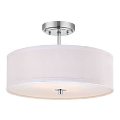 Chrome Semi-Flush Light with White Drum Shade - 16 Inches Wide