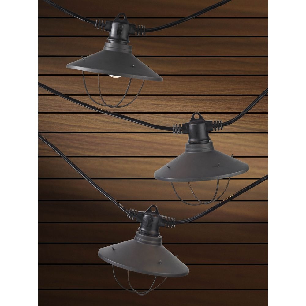 7Light Outdoor String Light with Bronze Caged Cone Shades 35ft Long