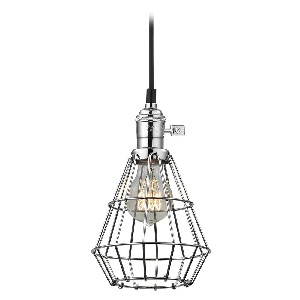 Vintage Hoyt Polished Chrome Mini-Pendant Light With Cage