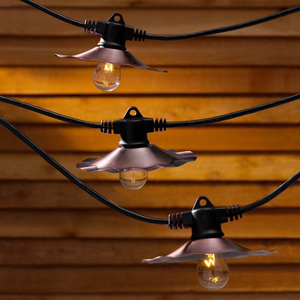 String Lights with Copper Shades and 7 Light Bulbs - 35FT Long 357COP Destination Lighting