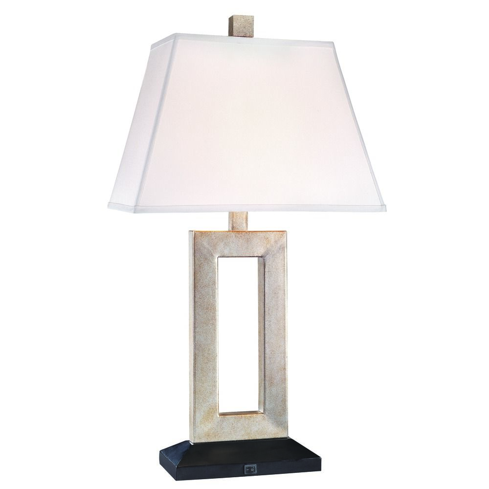 Bronze Table Lamp With Rectangle White Linen Shade 30 Inch Tall Image