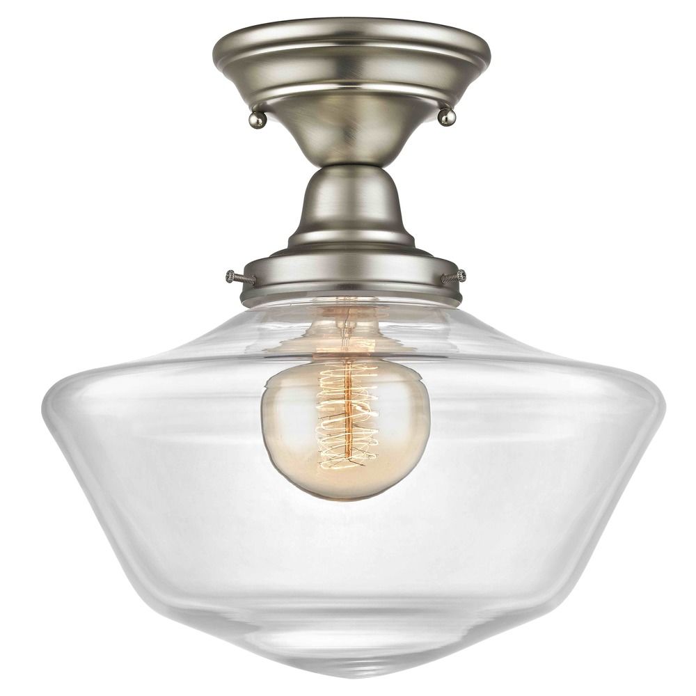 12 Inch Satin Nickel Clear Glass Schoolhouse Semi Flushmount Light 12 Inch Satin Nickel Clear Glass Schoolhouse Semi Flushmount Light Alt3