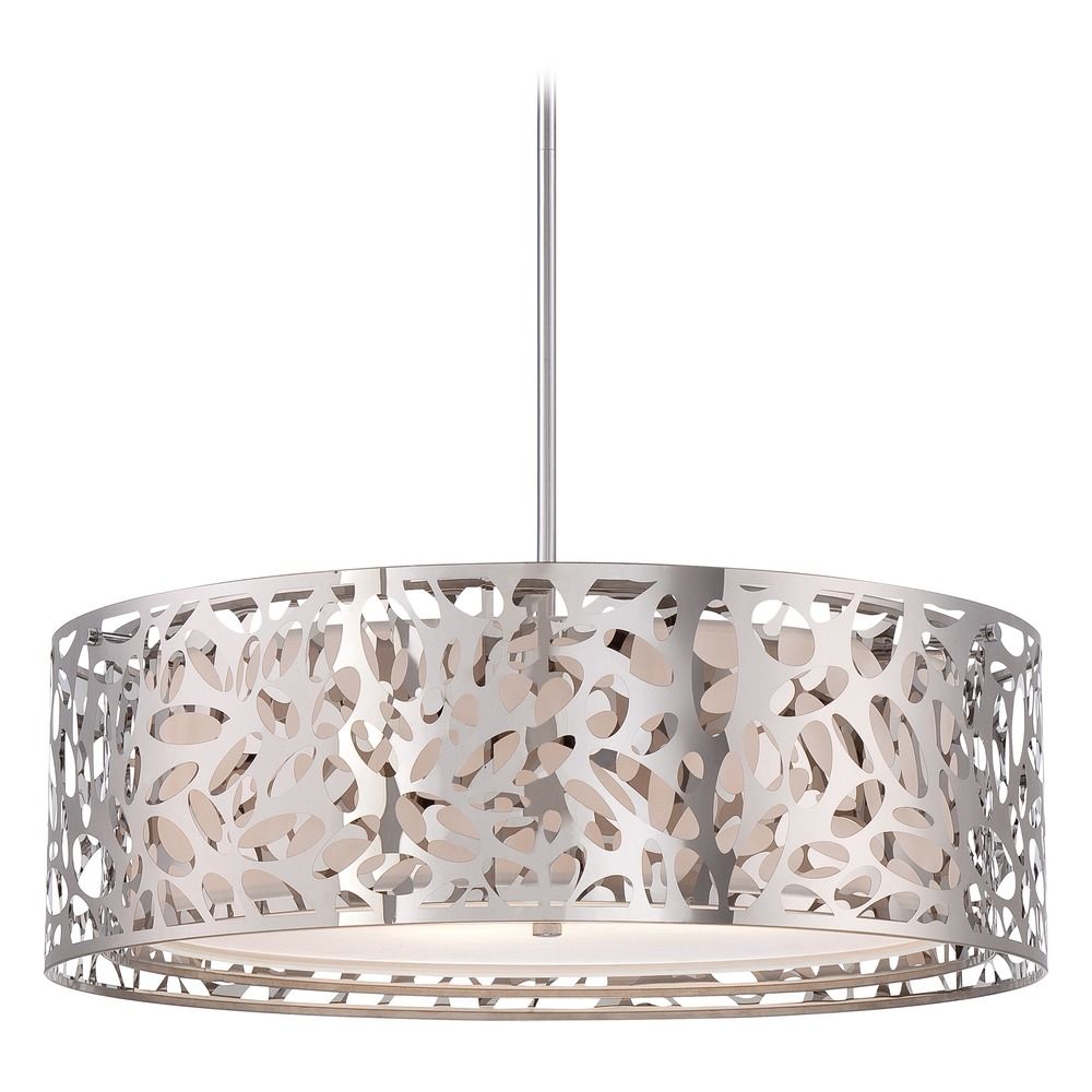 Modern Drum Pendant Light with White Cage Shades in Chrome ...