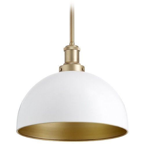 Quorum Lighting Studio White W/ Aged Brass Pendant Light with Bowl / Dome Shade by Quorum Lighting