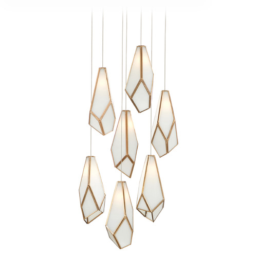 Currey and Company Glace Antique Brass & Silver Multi-Light Pendant with Abstract Shade