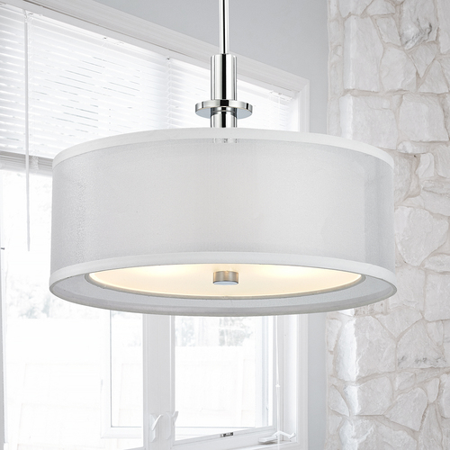 Double Organza Drum Pendant Light Chrome 16 Inches Wide 3 Lt