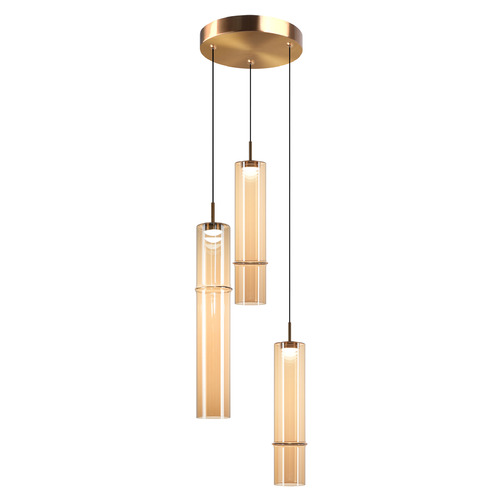 Matteo Lighting Bambu Aged Gold Brass LED Multi-Light Pendant with Cylindrical Shade