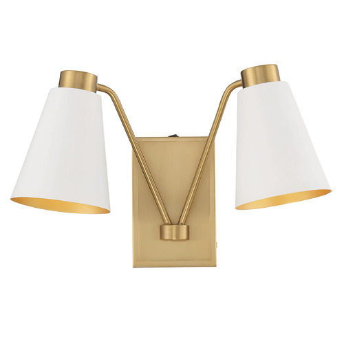 10.5-Inch High Double Sconce in White & Natural Brass by Meridian
