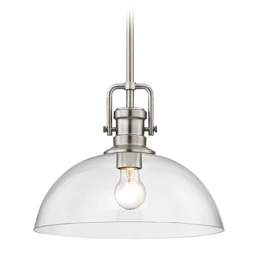 Industrial Satin Nickel Pendant Light with Clear Glass 13-Inch Wide
