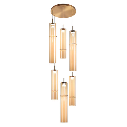 Matteo Lighting Bambu Aged Gold Brass LED Multi-Light Pendant with Cylindrical Shade