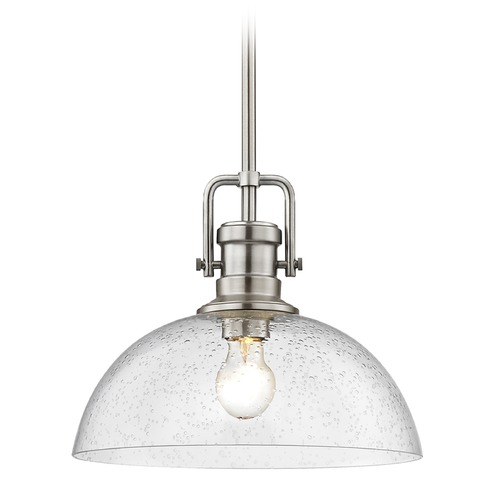Industrial Satin Nickel Pendant Light Seeded Glass 13-Inch Wide