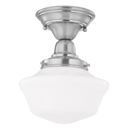 8-Inch Schoolhouse Satin Nickel Semi-Flush with Opal White Glass