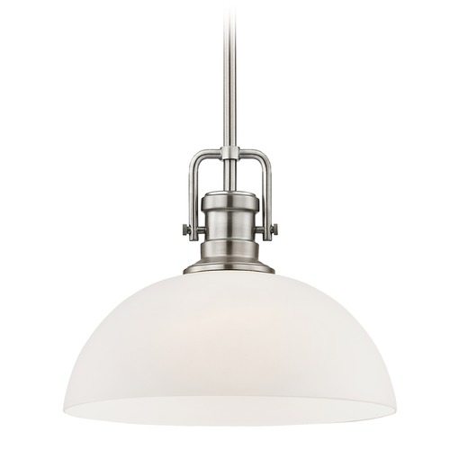 Industrial Satin Nickel Pendant Light with White Glass 13-Inch Wide