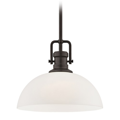 Industrial Bronze Pendant Light with White Glass 13-Inch Wide