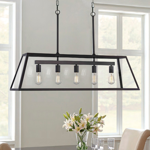 Country 42-Inch Linear Chandelier in Bronze with Clear Glass Panels
