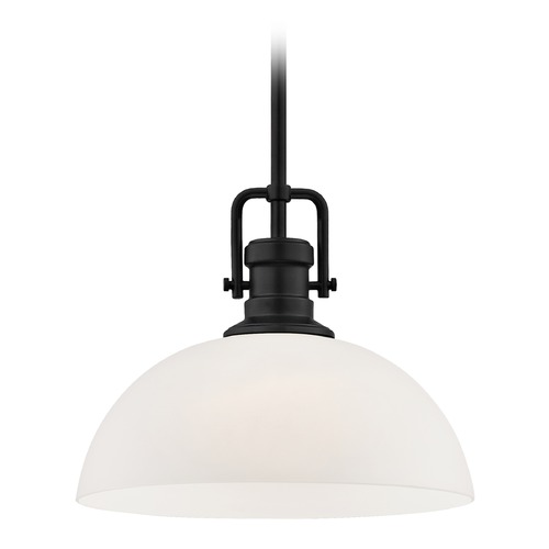 Industrial Matte Black Pendant Light with White Glass 13-Inch Wide
