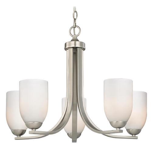 Modern 5-Light Chandelier with Opal White Cylinder Glass in Satin Nickel