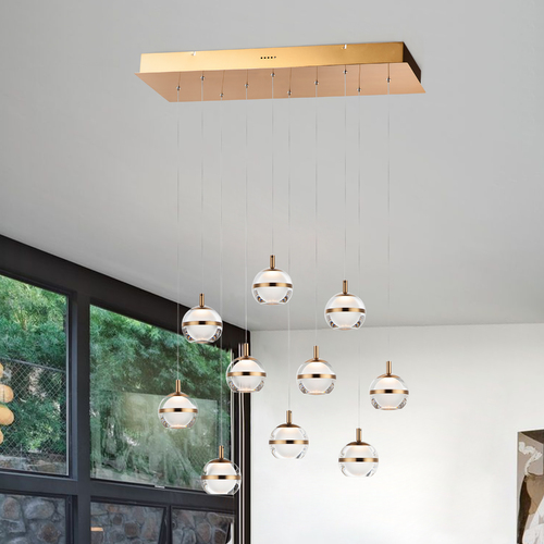 Swank 10-Light LED Linear Pendant in Aged Brass by ET2 Lighting