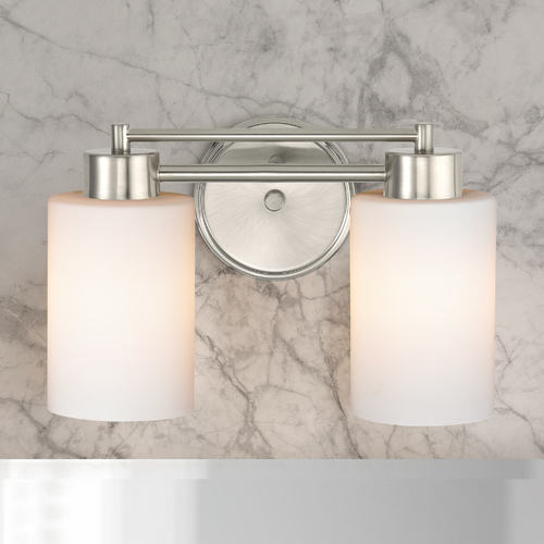 Modern Bathroom Light with White Glass in Satin Nickel Finish
