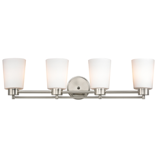 Modern Bathroom Light with White Glass in Satin Nickel Finish