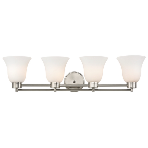 Modern Bathroom Light with White Glass in Satin Nickel Finish