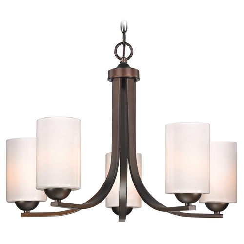 Modern 5-Light Chandelier with Opal White Cylinder Glass in Bronze