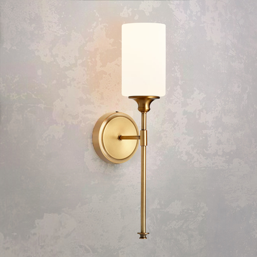 Celeste Wall Sconce in Aged Brass with White Cylinder Glass by Quorum Lighting