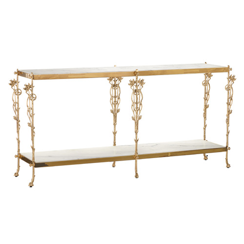 Currey and Company Fiore Polished Brass & Natural White Marble Sofa Table
