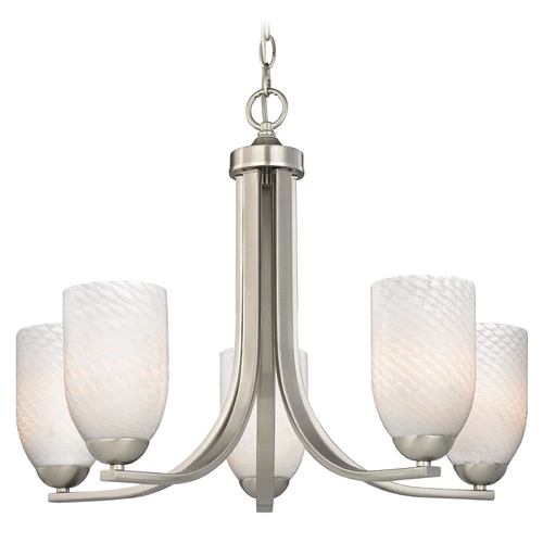 Modern Satin Nickel Chandelier with White Art Glass and Five Lights