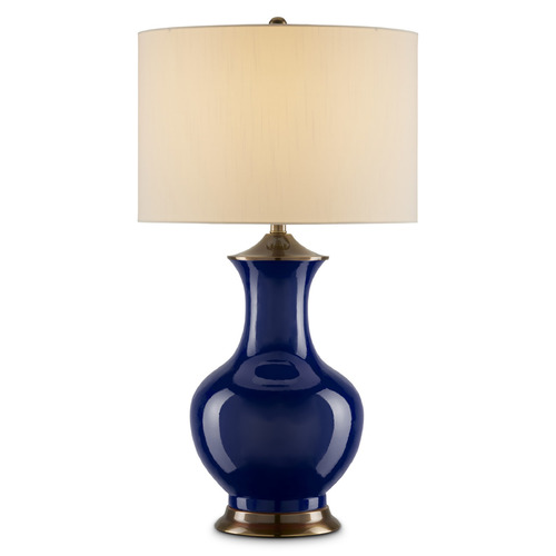 Currey and Company Lighting Currey and Company Lilou Blue & Antique Brass Table Lamp with Drum Shade 6000-0841