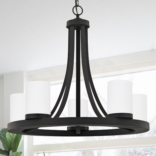 Rio 5-Light Chandelier in Bronze with Satin White Cylinder Glass