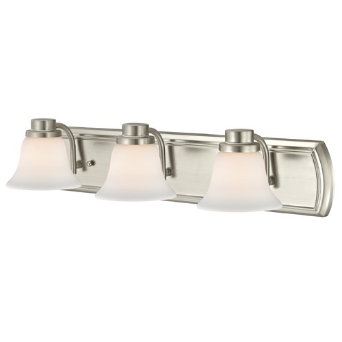 Design Classics Lighting 3-Light Bath Wall Light in Satin Nickel with White Bell Glass 1203-09 GL1032-WH