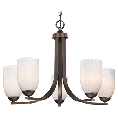 Bronze Chandelier with White Art Glass Shades and Five Lights