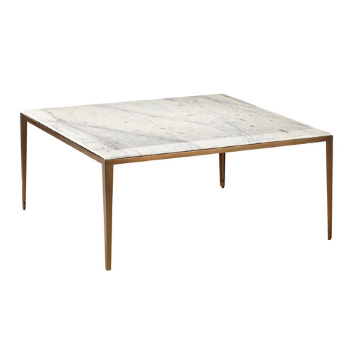 Currey and Company Oblique Natural White Lilac Marble & Antique Brass Table