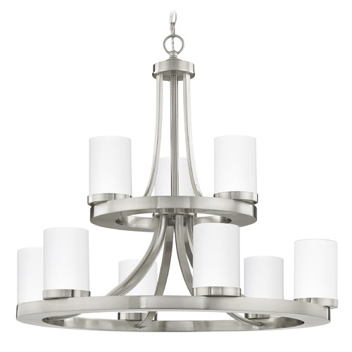 Rio 9-Light Chandelier in Satin Nickel with White Cylinder Glass