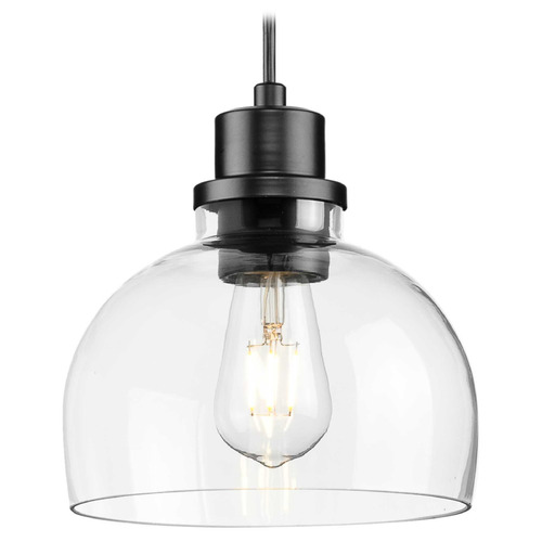 Progress Lighting Garris Matte Black Mini-Pendant Light with Bowl / Dome Shade