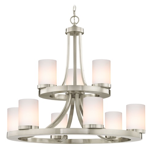 Rio 9-Light Chandelier in Satin Nickel with Shiny Opal Cylinder Glass