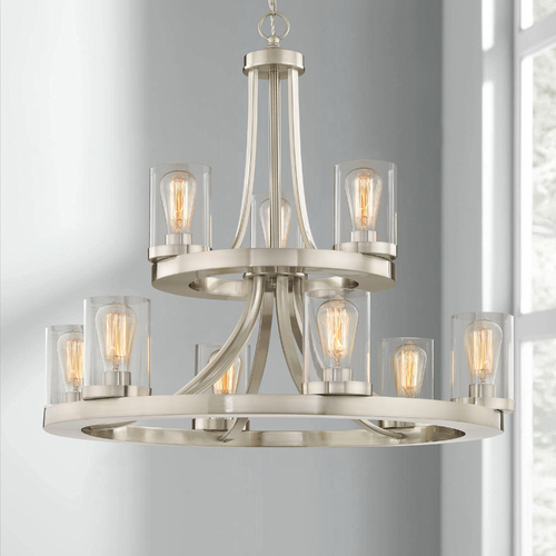 Rio 9-Light Chandelier in Satin Nickel with Clear Cylinder Glass