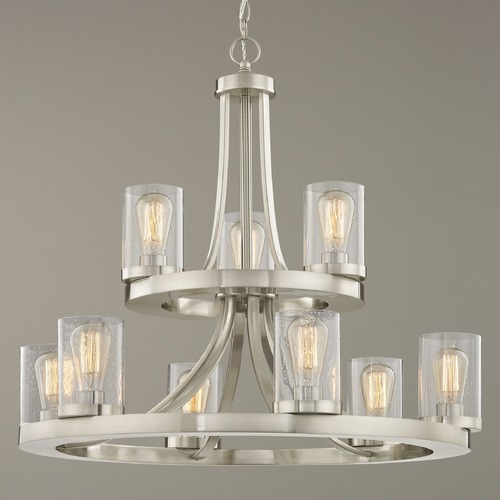 Rio 9-Light Chandelier in Satin Nickel with Seeded Cylinder Glass