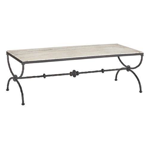 Currey and Company Agora White Travertine & Rustic Bronze Table
