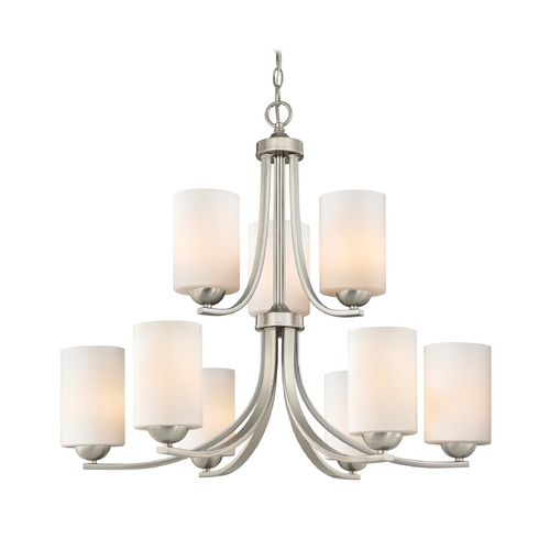 Modern Chandelier with Two Tiers and Opal White Cylinder Glass Shades